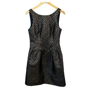 J Crew Metallic Shimmery Gold and Navy Brocade Fit Flare Flouncy Dress Size 6